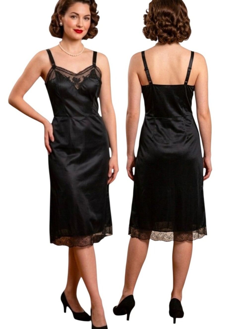 BARBIZON Vintage 1950s Lace Trimmed Black Slip - Size XS/S